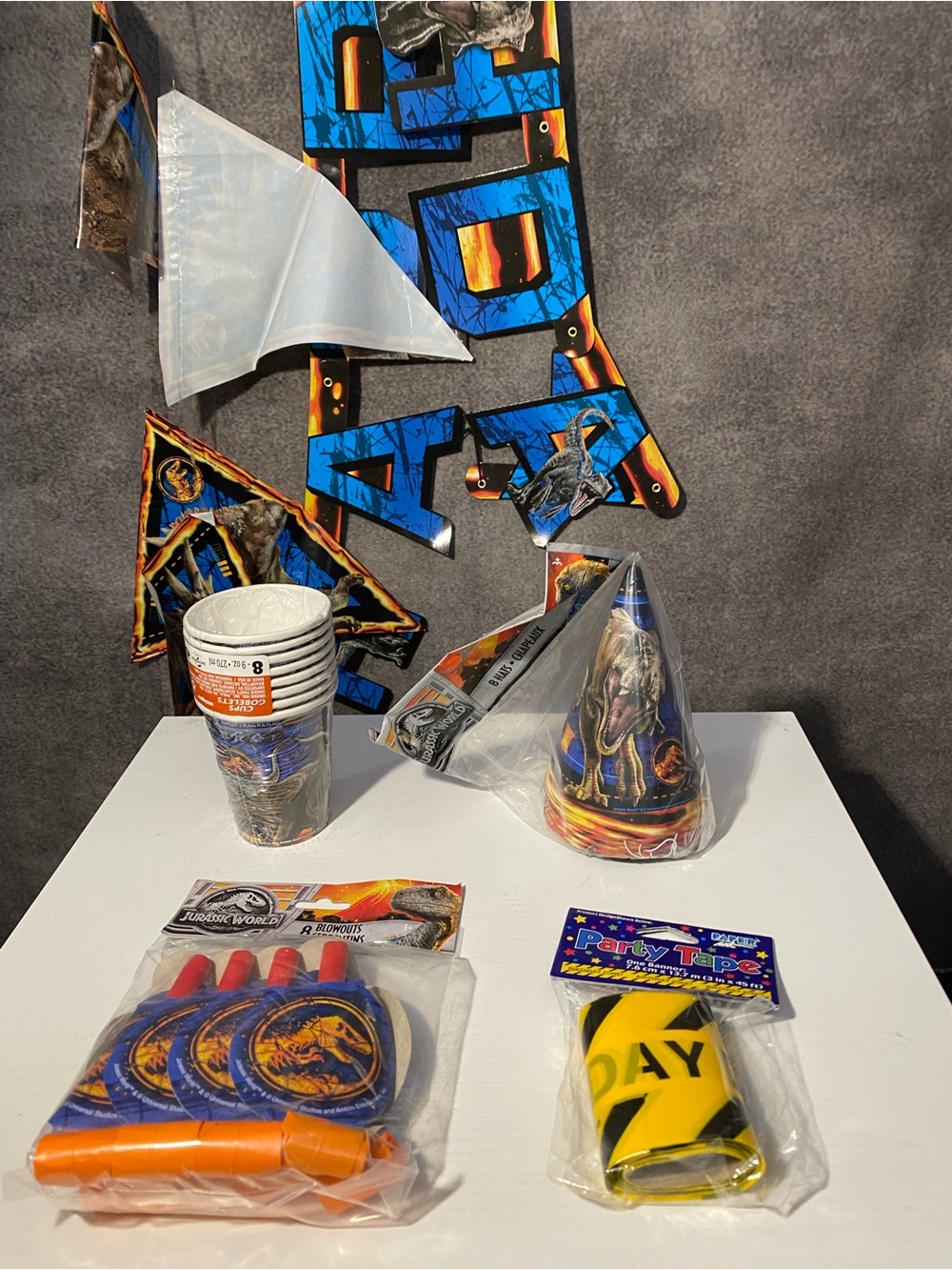 Jurassic World Birthday Party Supplies Lot Banner Hats Cups Blowouts Tape